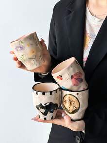 1个卡通手柄杯，可爱高品质手绘陶瓷握柄马克杯，女士个性化手柄咖啡杯，适用于咖啡、茶、拉花、办公、商业甜点，便携式杯子 - 彩色 - 查看 4