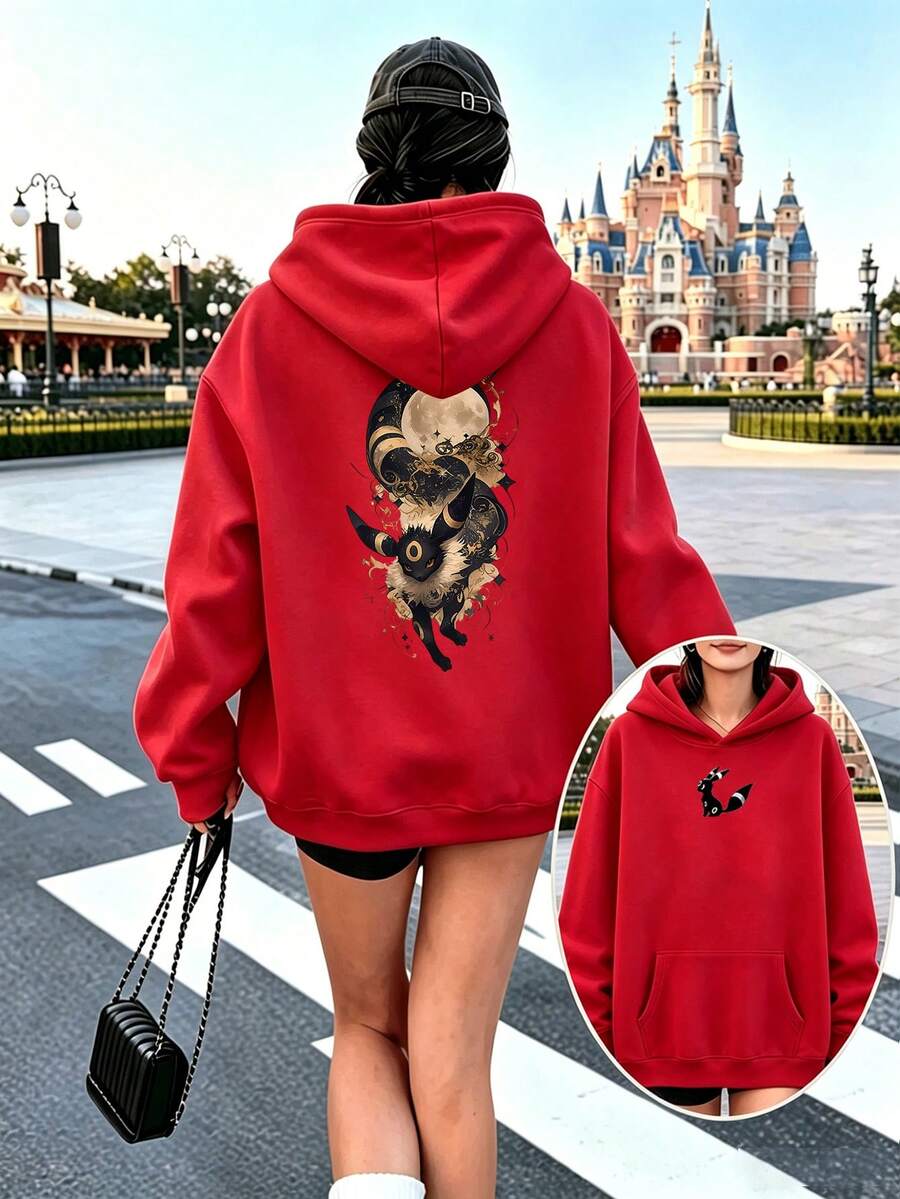 Pokemon2026 Unisex Graphic Hoodie, Umbreon Moon & Stars Art Dual Print Front & Back Oversized Sweatshirt, Casual Streetwear Pullover For Fans - 紅色 - 查看 1