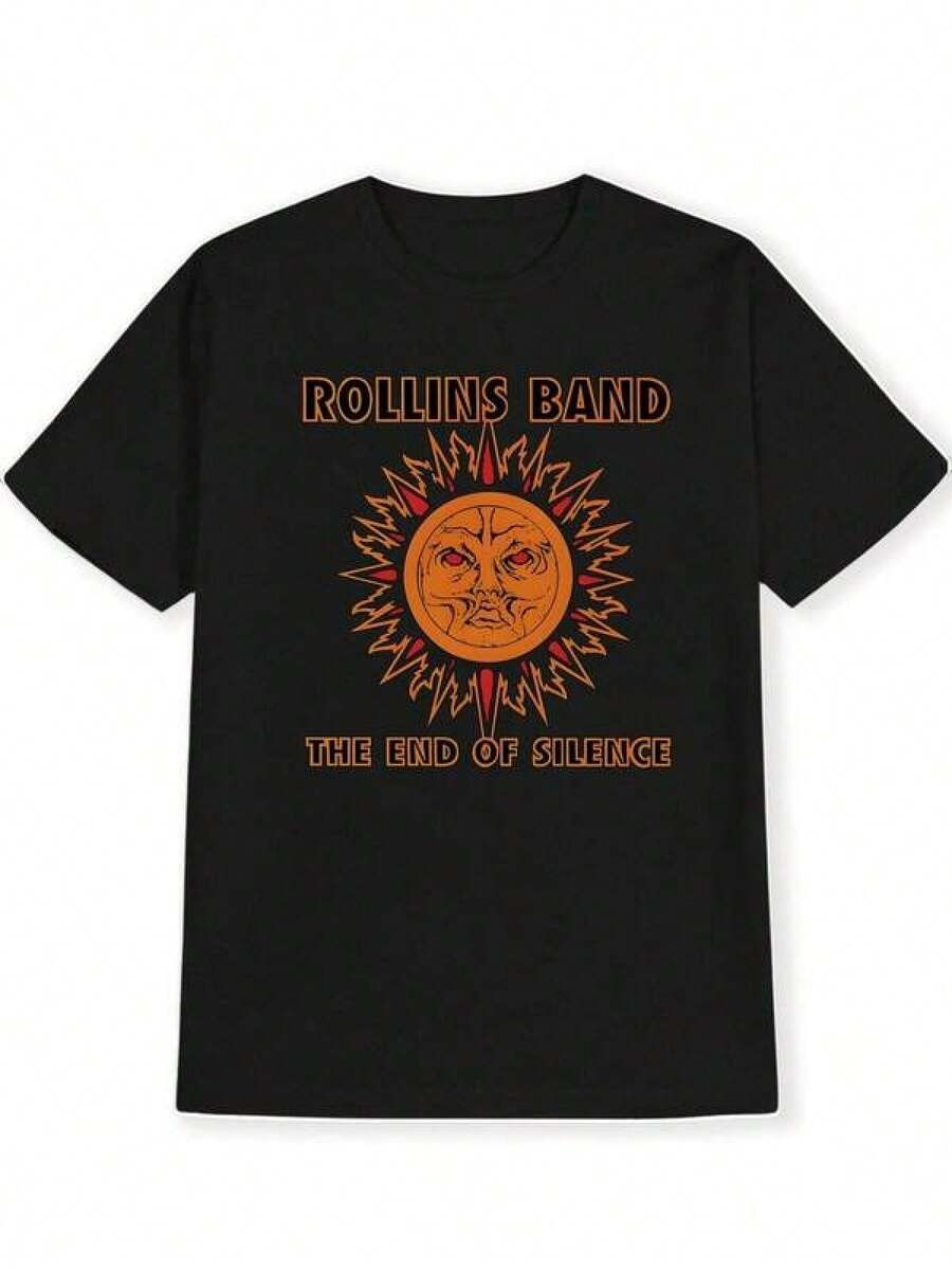 Camiseta negra para hombre con estampado de rayos de sol naranja - Estampado de "Rollins Band" y "The End Of Silence", camiseta casual de verano de manga corta, cuello redondo, mezcla de poliéster ligero, camiseta para uso diario. | Diseño Sunburst | Tela Elástica - Negro - Ver 1