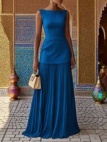 Summer Dresses For WomenWomen'S Solid Color Round Neck Sleeveless Patchwork Pleated Long Dress 2025 French Elegant Dress Temperament Fashionable Date - 深藍色 - 查看 12