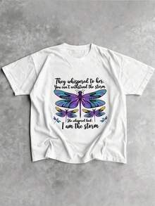 Camiseta de mujer con estampado de libélulas, top casual de manga corta y cuello redondo, adecuada para verano y primavera, ropa de mujer, tops para mujer. - Blanco - Ver 1
