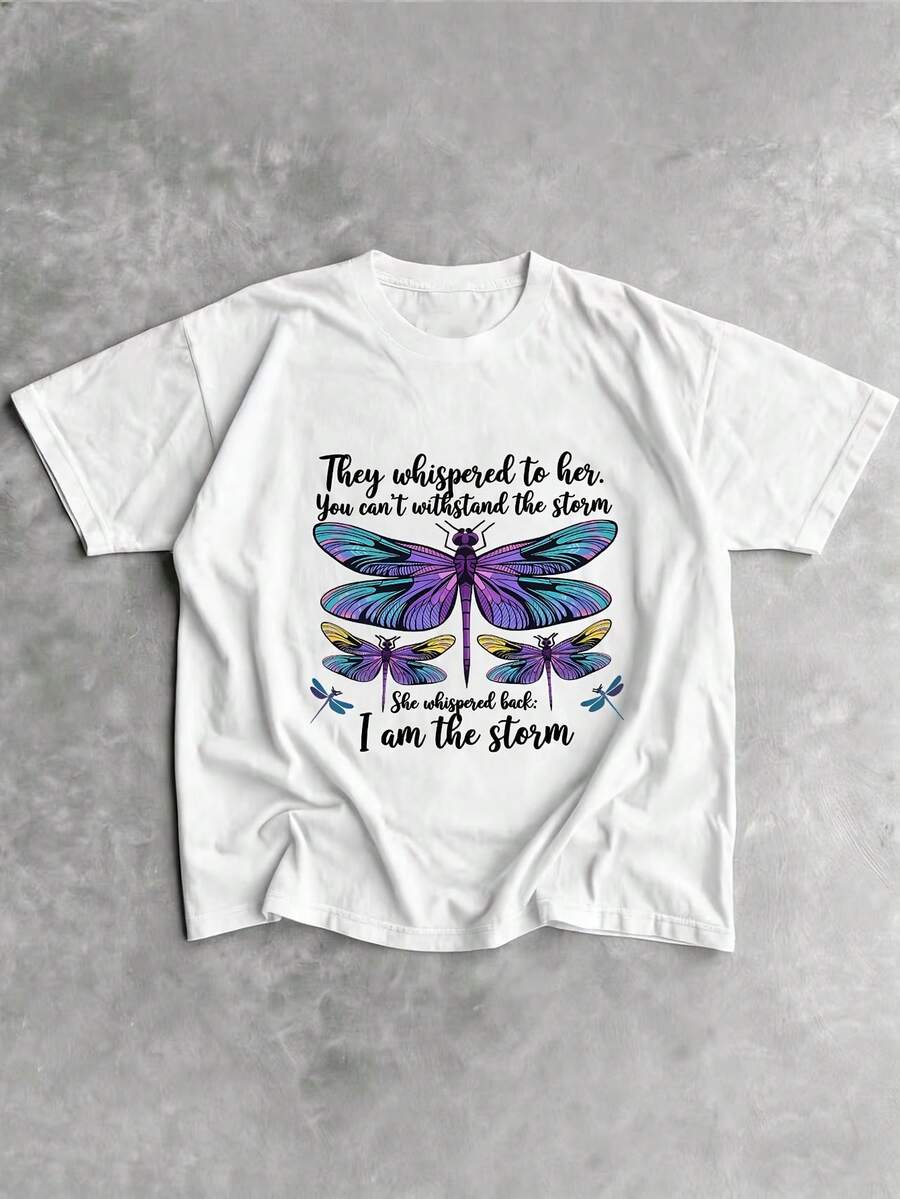 Camiseta de mujer con estampado de libélulas, top casual de manga corta y cuello redondo, adecuada para verano y primavera, ropa de mujer, tops para mujer. - Blanco - Ver 1