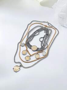 4PCS Two-Tone Layered Coin Necklace Set, Punk Chunky Chain Jewelry - Coin Badge - View 4