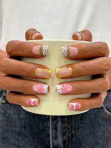 10 piezas Conjunto de uñas postizas cuadradas Y2K - Hechas a mano, uñas rosas, uñas doradas, uñas con puntas francesas blancas y doradas, flores rosas 3D hechas a mano y diseño de anillo dorado 3D, arte de uñas con joyería 3D, diseño de lunares negros y dorados dibujados a mano, uñas degradadas rosas dibujadas a mano - Multicolor - Ver 2