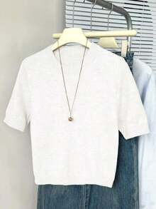 Suéter de punto de cuello redondo de manga corta para mujer, de unicolor casual para uso diario, jersey ligero minimalista y lindo, top de verano para mujer, conjunto de verano para mujer, suéter de punto de verano, top de verano adorable para mujer - Blanco - Ver 4