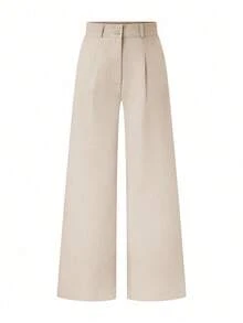 Pantalones Con Pierna Ancha Y Pliegues En Color Sólido Con Bolsillos Diagonales - Caqui - Ver 3