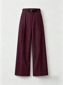 Pantalones rectos de cintura media de unicolor elegante con cinturón, negro, primavera - Burdeos - Ver 4