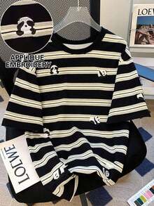 Camiseta de mujer con cuello redondo bordada - Blusa casual de cuello redondo - Camiseta ligera apta para todas las estaciones - Negro - Ver 1