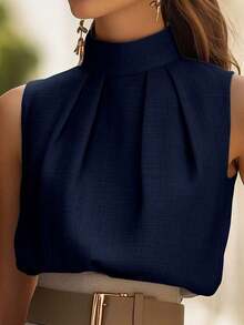 Top sin mangas de cuello alto con pliegues, top ajustado de diseño exclusivo y elegante para mujer, casual de verano - azul real - Ver 2