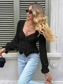 Camiseta de mujer de cuello en forma de corazón de manga larga con volantes en el bajo, unicolor, adecuada para el trabajo y el transporte, primavera/otoño, elegante, de moda y versátil, Año Nuevo, Navidad, acogedora - Negro - Ver 9