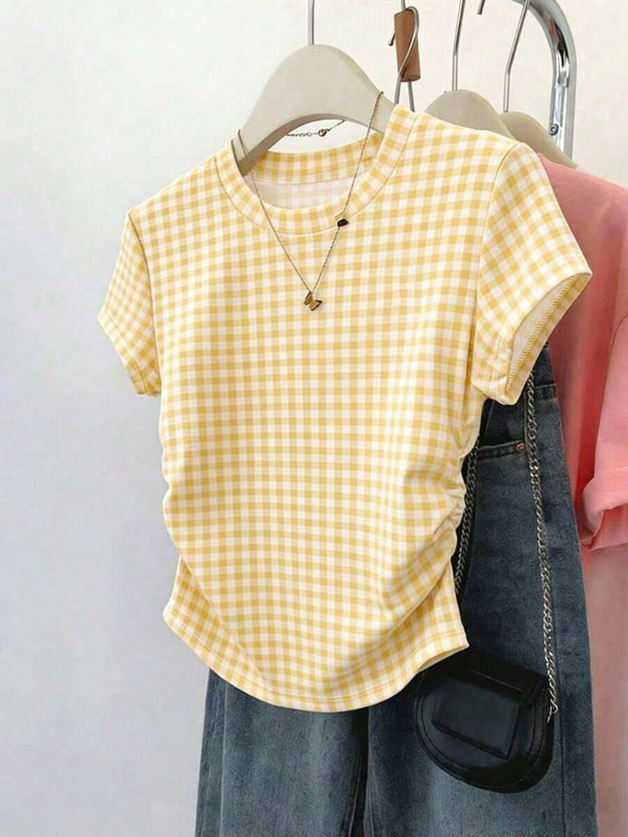 Camiseta de manga corta con pliegues y rayas, casual de verano para mujer - Amarillo - Ver 1