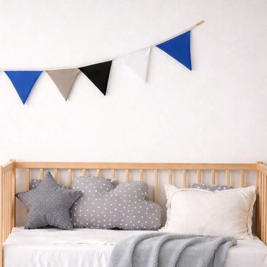 Montessori Fabric Bunting Garland, Double-Sided, Handmade Children's Decoration - 黑色,白色,灰色和藍色 - 查看 1