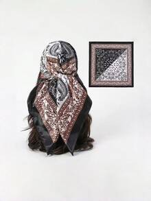 Women's Large Square Satin Scarf 90x90 Elegant Fashion Bandana For Hair And Neck - L1-Preto - 查看 8