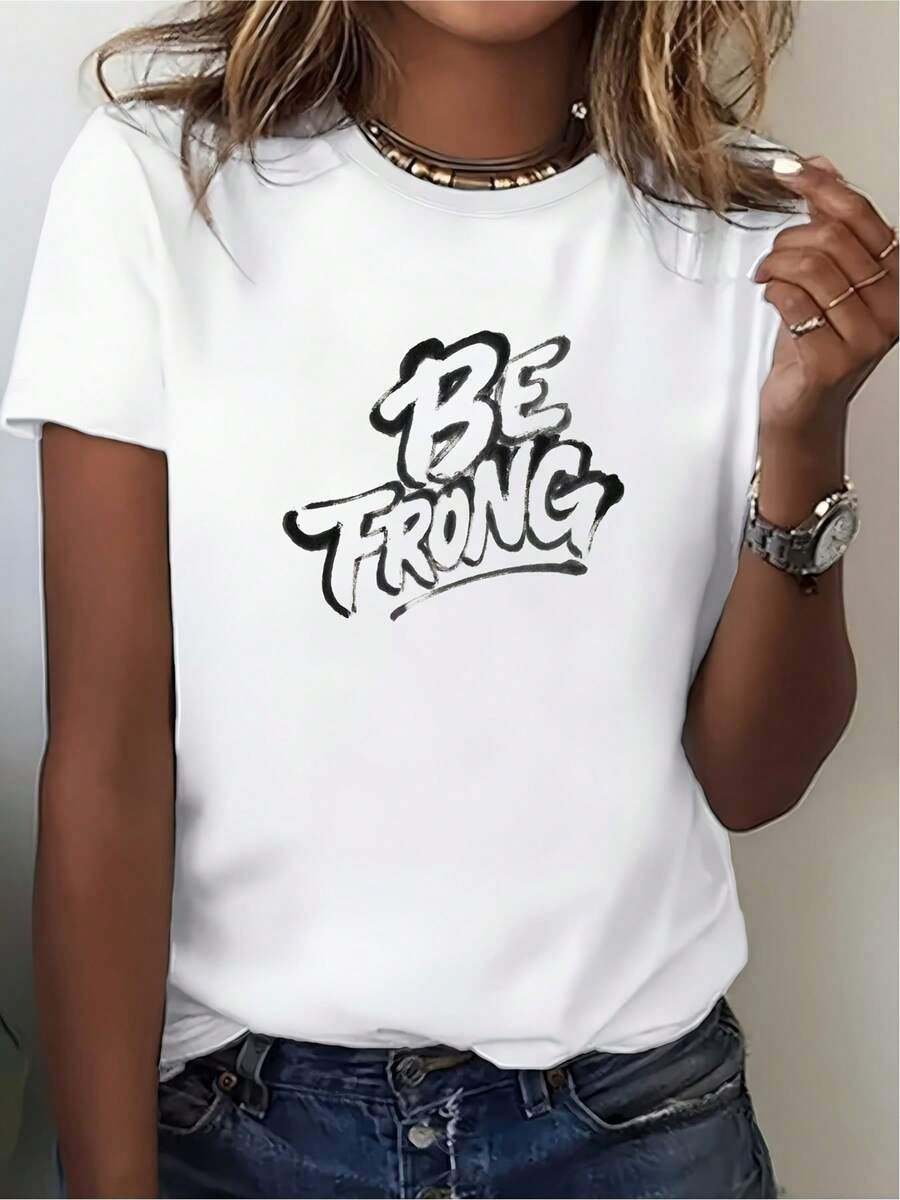 Sé fuerte| Camiseta estampada para mujer de 180 gramos| Excelentes ideas para regalos navideños para familiares y amigos| Estilo casual de calle| Muy adecuado para actividades de verano y salidas de empresa.| Camiseta de estilo urbano a la moda - Blanco - Ver 1