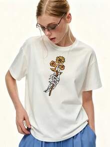 Camiseta Oversize de 180g para Mujer con Estampado de Calavera y Girasol, Top de Verano de Manga Corta, Camiseta Casual de Corte Holgado con Estampado de Moda, Estilo de  2024, Regalo para A - Blanco - Ver 7