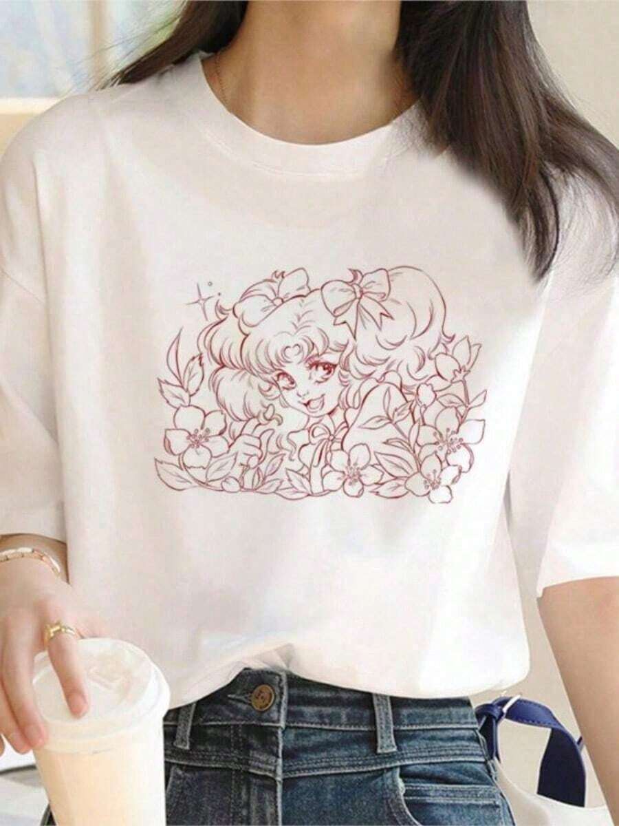 Camiseta con Estampado de Dibujos Animados de California para Mujer - Cuello Redondo, Top de Verano, Mezcla de Poliéster Suave, Lavable a Máquina, ropa deportiva hombre. Adecuada para primavera, verano y otoño. - Blanco - Ver 1