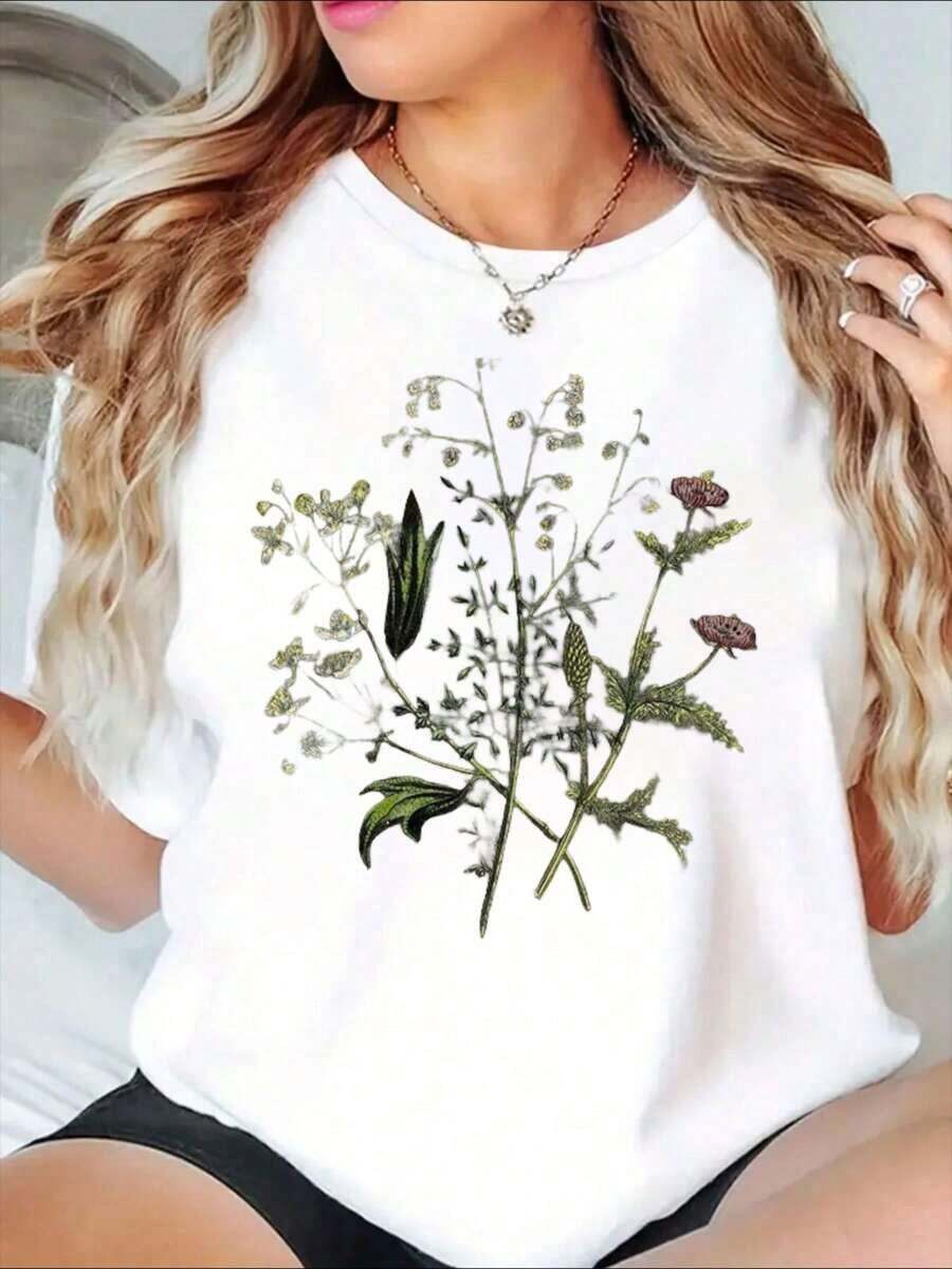 Camiseta de Cuello Redondo Holgada con Estampado Floral Botánico para Mujer, Estilo Casual y Cómodo para Uso Diario, Diseño Inspirado en la Naturaleza, Opción de Ropa de Verano - Estilo Urbano Vintage, Camiseta Unisex de Algodón 100% con Cuello Redondo y Manga Corta. - Blanco - Ver 1