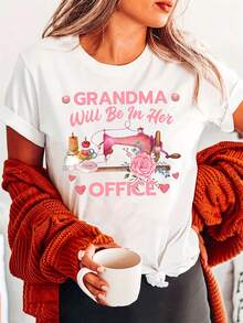 Pure Cotton T-Shirt With Pink Floral Sewing Machine Print, Fashionable Letter Print Cotton T-Shirt, Casual Short-Sleeved Round Neck Top For Summer And Spring, Women's Clothing - 白色 - 查看 1