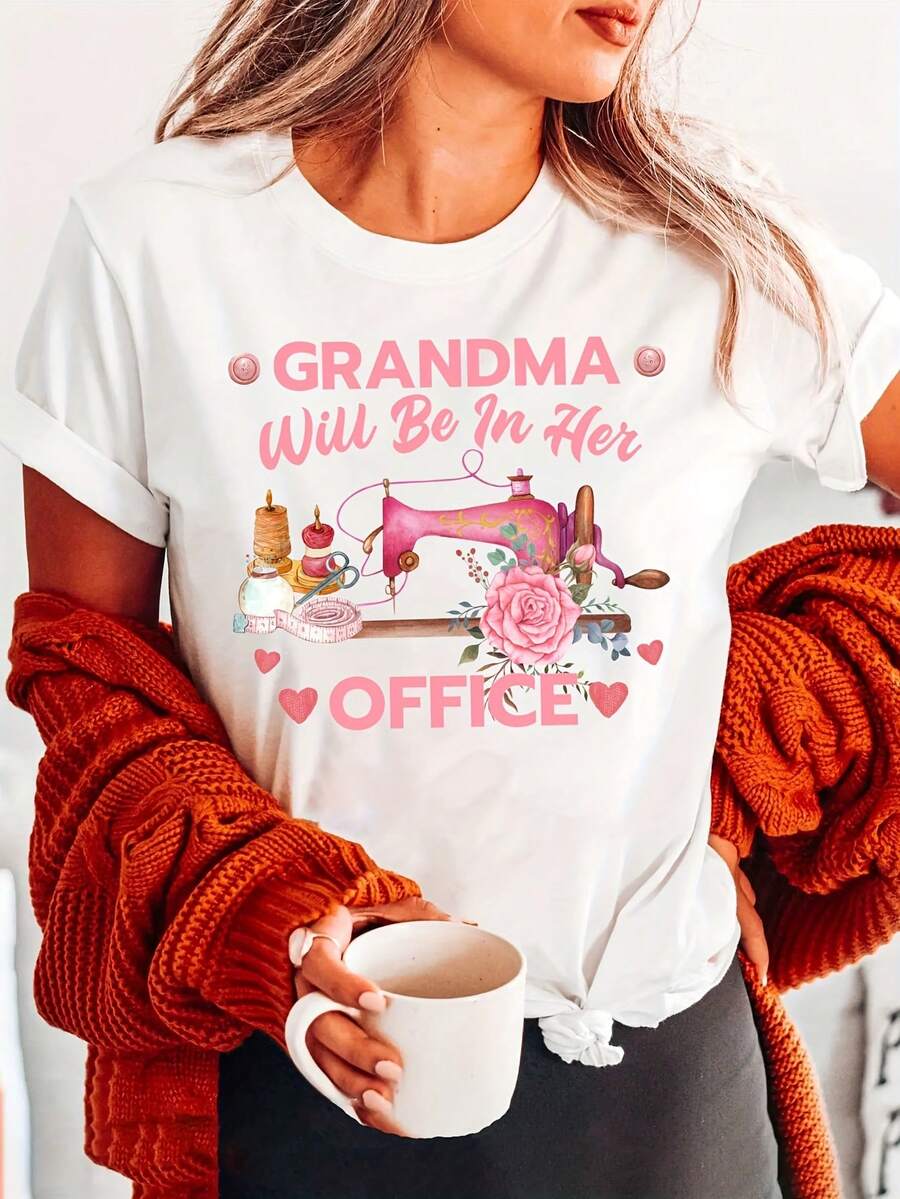 Pure Cotton T-Shirt With Pink Floral Sewing Machine Print, Fashionable Letter Print Cotton T-Shirt, Casual Short-Sleeved Round Neck Top For Summer And Spring, Women's Clothing - 白色 - 查看 1