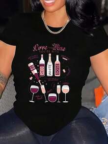 Comfortable Women's Plus Size V-Neck Short Sleeve Casual T-Shirt - Soft And Stretchy Fabric, Black With Fun Wine-Themed Cartoon Print, Machine Washable, Spring/Summer Top, Comfortable Everyday Wear T-Shirt, Fun Design T-Shirt, Women's Cotton T-Shirts, Casual Blouse For Women - 黑色 - 查看 6