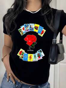 Camiseta con estampado gráfico de rosas y tarjetas de lotería coloridas, 180g, 1 pieza, estilo vintage, informal para mujer, 100% algodón, moda urbana. - Negro - Ver 9