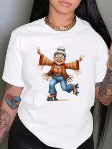 Camiseta de Algodón Puro 180G para Mujer, Estilo Retro de Patinadora sobre Ruedas - Gráfico de Mujer Mayor Vibrante con Traje Floral para Uso Casual, playeras de mujer - Blanco - Ver 1