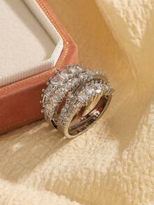 1 pieza Anillo de banda ancha con circonita cúbica chapado en oro blanco de lujo y elegante, adecuado para el uso diario, citas/eventos formales, regalo de vacaciones para mujeres - 1 pieza de estilo B - Ver 3