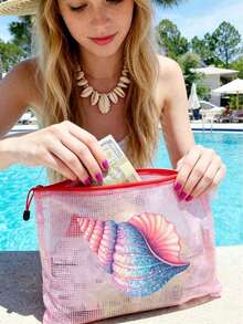 Multi-Color Waterproof Fashion Mesh Beach Bag, Featuring Vibrant "Shell" Pattern Design, This Beach-Themed Cosmetic Bag Has Large Capacity, Transparent Design, Equipped With Nylon Zipper. - Multicolor - View 3