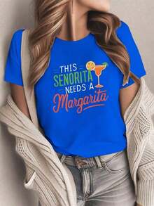Comfortable Women's Lightweight Printed T-Shirt, 100% Cotton, Daisy Design - "This Lady Needs A Daisy" Print, Featuring A Salt Shaker And Lemon Tree Design. This Casual Short-Sleeved T-Shirt Is Perfect For Mexican-Themed Parties, Beachwear, And Everyday Wear (100% Cotton, A Popular Choice). A Versatile Basic Style That Goes With Everything, Suitable For Both Indoor And Outdoor Use. - 藍色的 - 查看 11