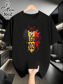 Camiseta de manga corta para hombre de algodón puro con estampado temático de la serie "Red Devils", 100% algodón puro, moderna y sencilla, adecuada para uso diario, ideal para actividades al aire libre, un excelente regalo de cumpleaños, un regalo para hombre, un regalo para padre, un regalo para las fiestas. - Negro - Ver 1