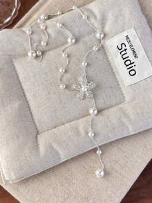 1pc Silver Flower Pearl Tassel Necklace, 2026 New Adjustable Beach Wear Delicate Necklace Accessory For Women - Necklace - View 8