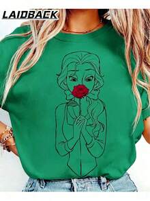 Camiseta de verano para mujer, de corte holgado, con estampado gráfico de princesa y rosa, estilo relajado, unisex, de manga corta, cuello redondo, estilo de cuento de hadas caprichoso, diseño minimalista de arte lineal, perfecta para noches de cine, salidas casuales, uso diario y para fans del estilo de cuento de hadas, regalo ideal para la Generación Z, amantes de la comodidad, tela de algodón suave y transpirable, color blanco. Ropa de talla grande para salidas al aire libre, adecuada tanto para hombres como para mujeres. - Verde - Ver 9