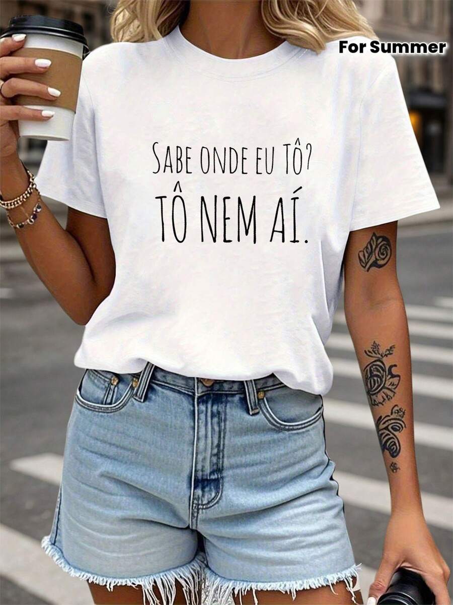 Portugués brasileño: ¿Sabes dónde estoy? No me importa dónde estoy. No me importa en lo más mínimo. Camiseta de manga corta para mujer, de cuello redondo, para primavera-verano, con estampado de texto. - Blanco - Ver 1