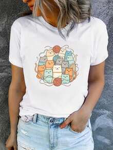 Camiseta de manga corta con cuello redondo para mujer, estampada, moderna y casual, lavable a máquina, ajuste cómodo, estampado plano 2D Blusas Para Mujer Casual. - Blanco_06 - Ver 7