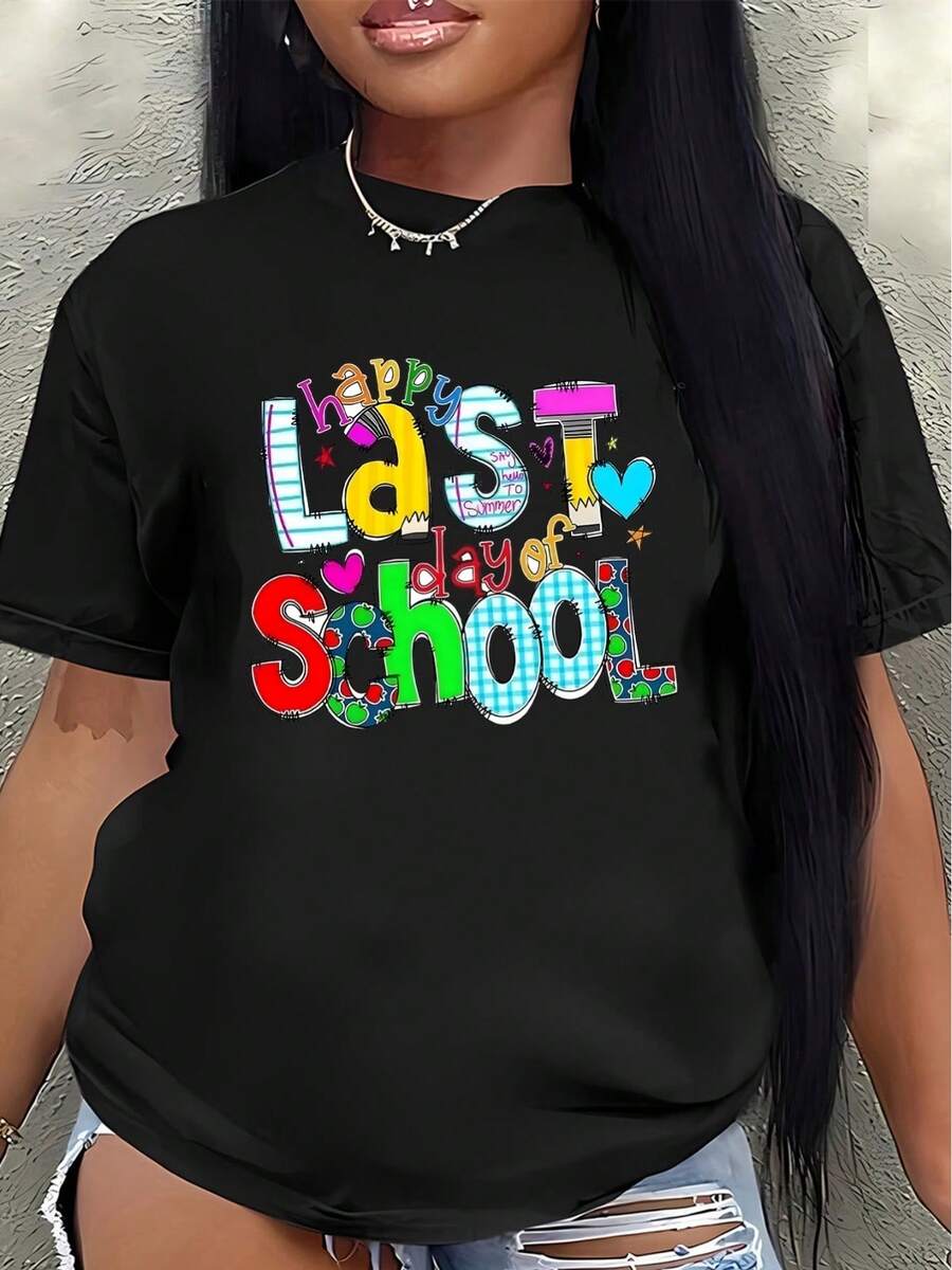 Camiseta de manga corta para el último día de celebración, diseño divertido y colorido, ligera y duradera, perfecta para fiestas, ajuste cómodo para adultos, blusa casual para mujer. - Negro - Ver 1