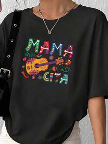 1 Piece Of Vibrant Graphic T-Shirt For Women "Mama Cita" - Casual Round Neck, Short Sleeve, Colorful Mexican-Inspired Design With Guitar And Flower Print, Lightweight For Spring And Summer, Mexican T-Shirt 180g 100% Cotton. - 黑色 3 - 查看 2