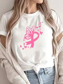 Camiseta casual de algodón puro para mujer, con estampado de letras en rosa para la prevención del cáncer de mama - mangas cortas, cuello redondo, longitud regular, ligera y transpirable, adecuada para primavera y otoño, camiseta casual de uso diario hecha de tela de algodón puro, ecológica. - Blanco - Ver 6