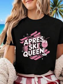 Camiseta de manga corta de primavera-verano para mujer, estilo casual 2026, con estampado de texto "Queen After-Skiing Pink Ski Drink Element", cuello redondo. SWU8 - Negro - Ver 2