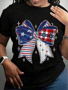 Women Casual Short Sleeve T Shirt Patriotic Bow With Stars And Stripes Print For Independence Day Celebration, playeras de mujer - Negro - Ver 6
