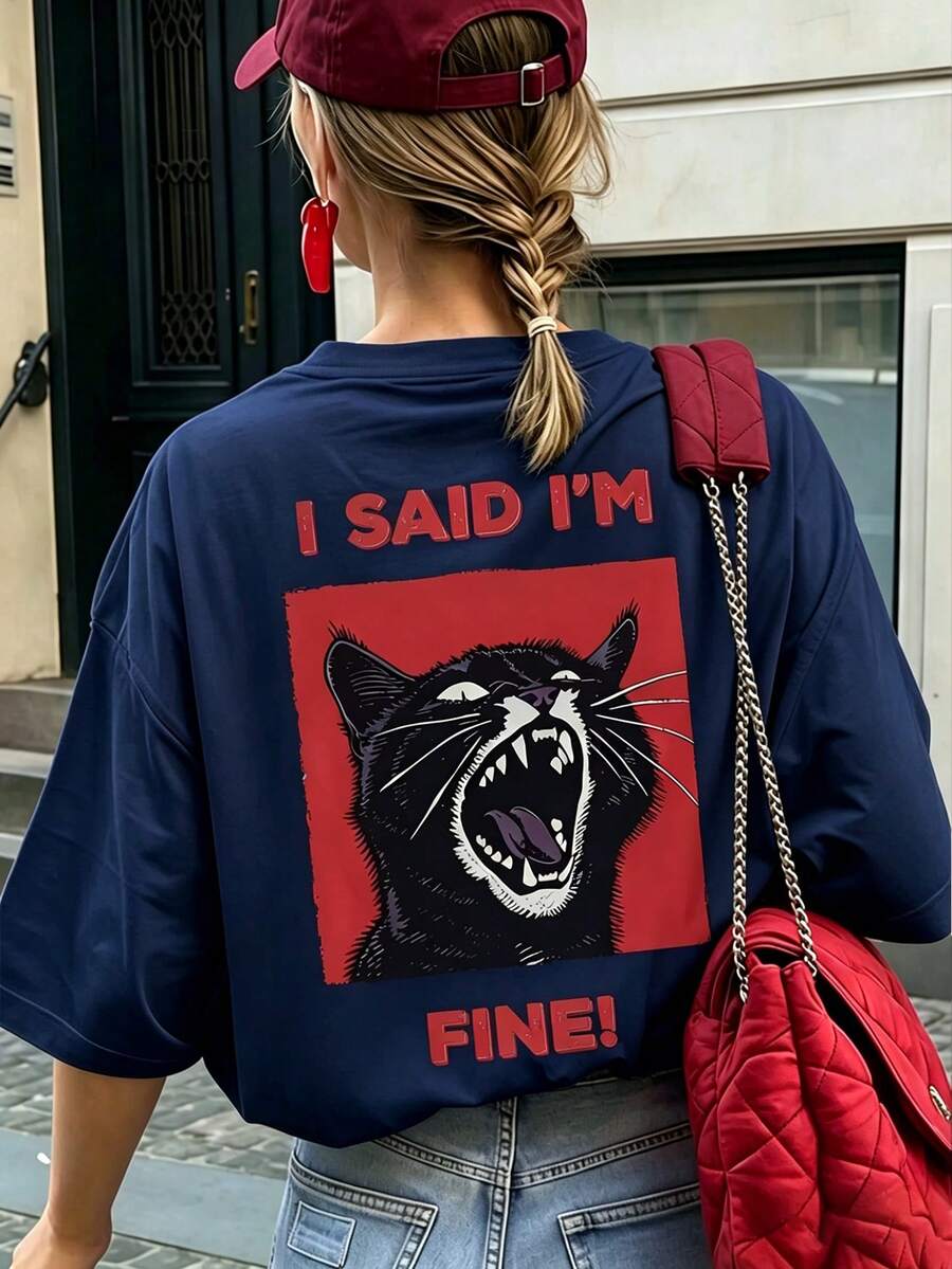 女款休閒貓咪印花T恤,印有「I'm Fine」標語,寬鬆版型,適合夏季日常街頭風格,美學設計 - 藏青 - 查看 1