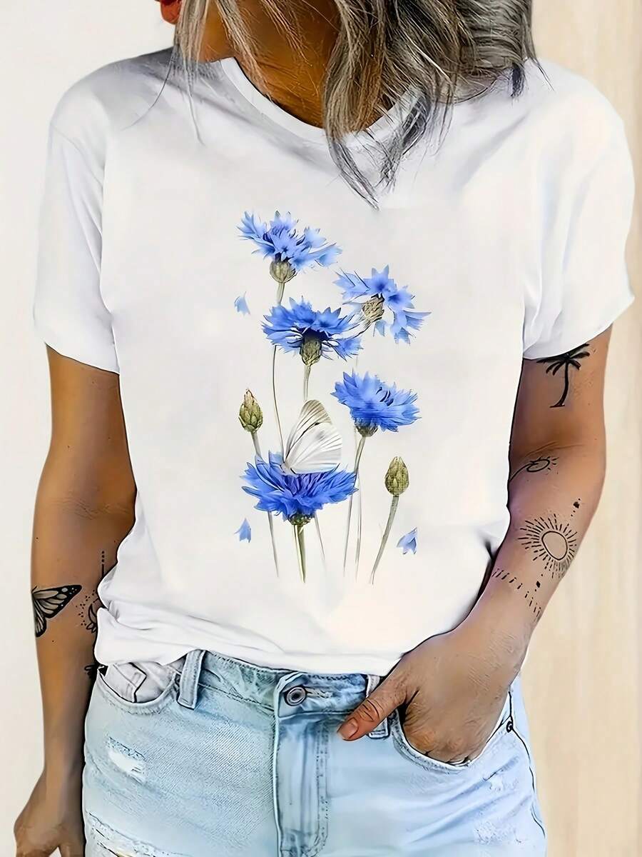 Women's T-Shirt - Floral Print, White Butterfly And Blue Daisy Design, Round Neck, Lightweight Summer Top, Short Sleeve Shirt. - 白色 - 查看 1