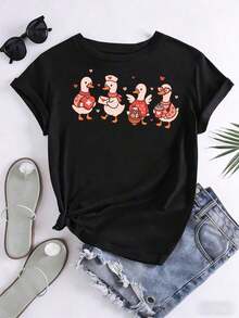 ModernoCute Women's Duck Nurse Design T-Shirt, Cartoon Animal Print, White, Comfortable, Soft Cotton For Everyday Wear, 220g Casual Clothing - 黑色 - 查看 4