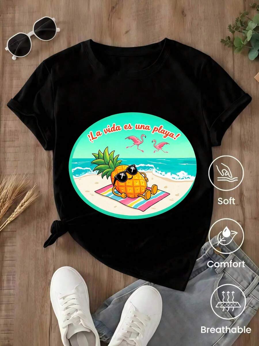 Camiseta de manga corta de moda para primavera y verano de 2026, hecha en México, 180 gramos. Estampado de dibujos animados, modelo de pareja, apta para uso interior o exterior. Cuello redondo, unisex, ideal para oficina y ocio. Paquete de una pieza. - Negro - Ver 1