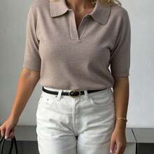GIGOGOU Camiseta de punto de manga corta para mujer, suéter casual cómodo y suave con cuello polo, para primavera/verano - Gris - Ver 6
