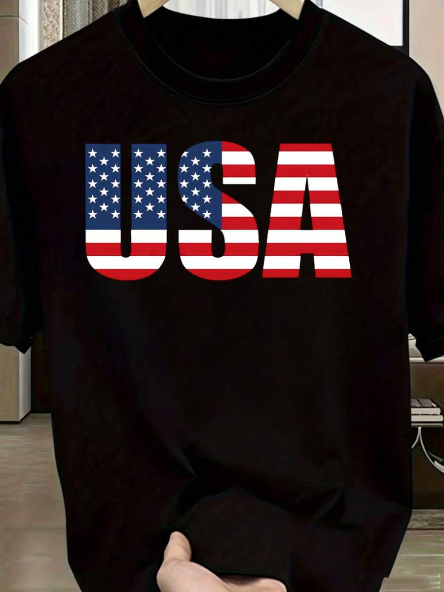 MPLSL|Camiseta de moda de Milán con estampado, blusa casual de mujer de manga corta y cuello redondo para primavera y verano|Camiseta negra con estampado de EE.UU. en estilo de bandera - Negro - Ver 1