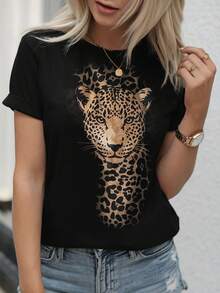 Camiseta de manga corta con cuello redondo para mujer, estilo primaveral, color negro - de algodón puro, suave y casual, con diseño de estampado de leopardo, corte ajustado en forma de H, adecuada para el uso diario en primavera y verano, una prenda cómoda imprescindible para viajes, con un estampado moderno, tela transpirable, ropa para adultos. Traje de fiesta elegante,T-shirt para damas elegantes,Blusas adecuadas para mujeres con curvas,Faldas de graduación,Ropa casualEstampado de animales adorables ,Estampado de letras divertidas - Negro - Ver 7