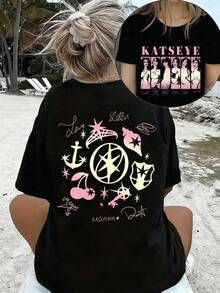 Camiseta de la gira  de Katseye, camiseta con gráficos vintage, mercancía para fans de Eyekon, camiseta casual de manga corta con cuello redondo para mujer, para uso diario en las cuatro estaciones, regalos para las fiestas. - Negro - Ver 6