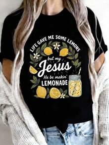 1 pieza de camiseta gráfica de manga corta con cuello redondo para mujer - "La vida me dio algunos limones, pero mi Jesús está haciendo limonada" con un divertido eslogan religioso, impresión de corona de limones y tarro Mason, estética cristiana fresca de verano, top informal para uso diario, 180g 100% algodón, los diseños están impresos. Unisexo. - Negro - Ver 11
