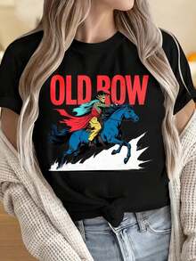 Camisetas para Mujer y Hombre con Cuello Redondo y Mangas Cortas, Camiseta con Estampado Gráfico de Caballo Viejo Montando, Camiseta Casual de Moda para Mujer, Estilo Streetwear, Estampados Divertidos Ideales para Fiestas de Navidad, Actividades Deportivas, Fiestas de Vacaciones, Salidas, Deportes y Otros Regalos Festivos. - Negro - Ver 1