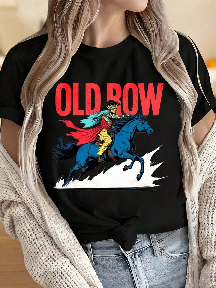 Camisetas para Mujer y Hombre con Cuello Redondo y Mangas Cortas, Camiseta con Estampado Gráfico de Caballo Viejo Montando, Camiseta Casual de Moda para Mujer, Estilo Streetwear, Estampados Divertidos Ideales para Fiestas de Navidad, Actividades Deportivas, Fiestas de Vacaciones, Salidas, Deportes y Otros Regalos Festivos. - Negro - Ver 1